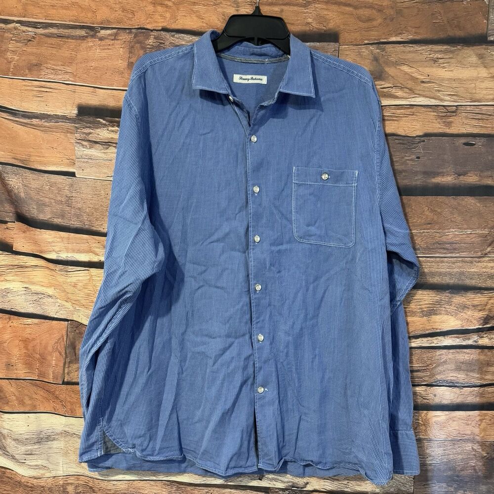 Tommy Bahama Men's XL Shirt Blue Plaid Check Button Up Long Sleeve Flip Cuff